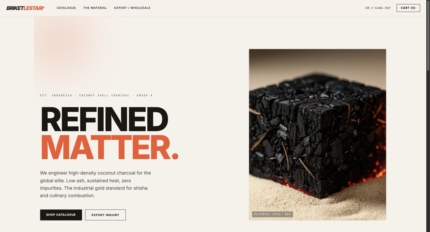 Homepage of the Briket Lestari e-commerce and payments website