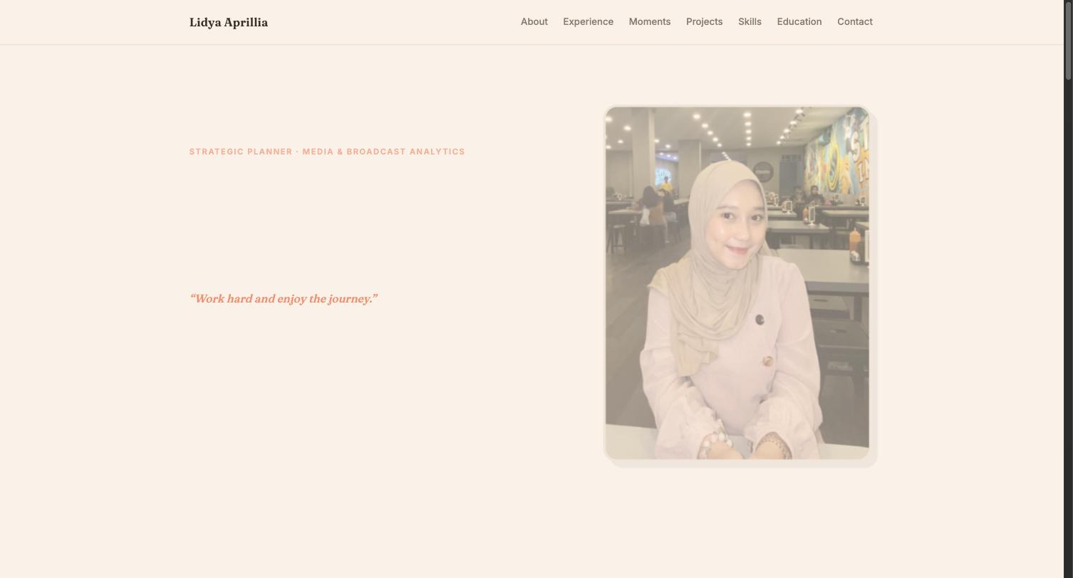 Homepage of Lidya Aprillia's strategic planner portfolio site